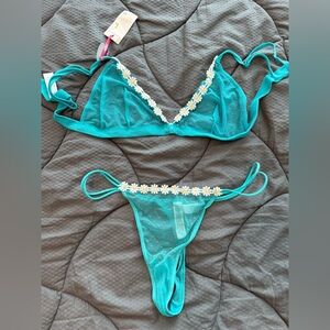 Daisy Trim Sheer Bralette & Thong Set - Teal
